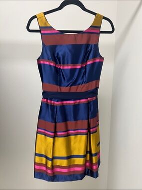 Trina Turk Navy, Mustard & Pink Striped Sleeveless Midi Dress
